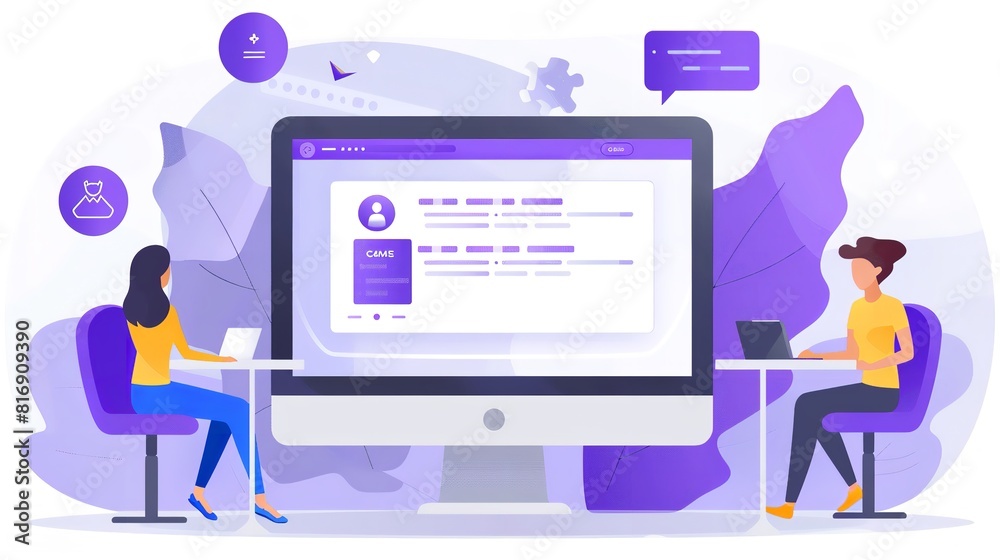 Two individuals are seated in front of a computer, engaged in work or discussion. The background is a solid purple color