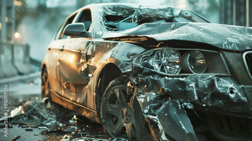 Severely damaged car with crumpled front end and broken headlights, surrounded by debris. The image conveys the aftermath of a vehicular accident in an urban setting.