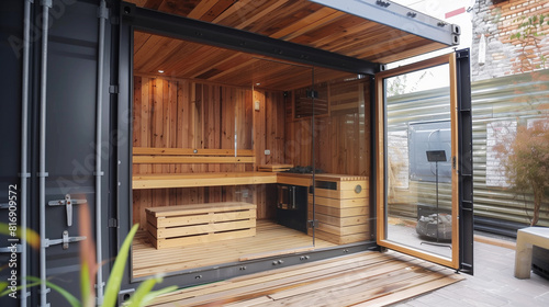 Interior of a modern sauna built inside a repurposed shipping container, featuring wooden benches and cladding, glass door, and a heater, showcasing innovative architecture.