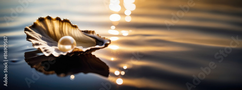 Banner with pearl in oyster shell on surface of dark water with setting sun with space for text. Sparkling drops of water photo