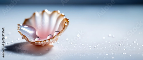 Banner with oyster shell with water drops on mirrored surface with space for text. White background and sparkling drops photo