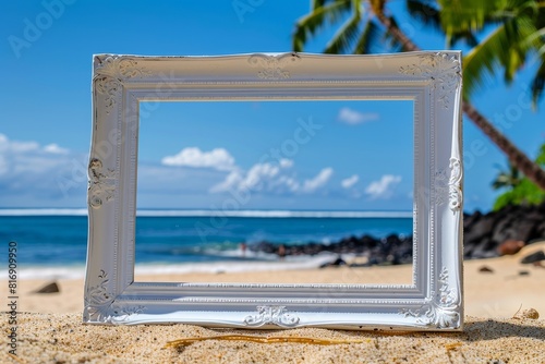 White ornate frame on tropical beach backdrop - A detailed white ornate picture frame stands in the sand with a beautiful tropical beach and ocean behind it