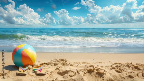 A tranquil beach scene showcasing a vibrant pair of flip flops next to a colorful beach ball  evoking a sense of relaxation and fun in the summer sun