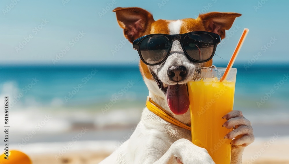 Naklejka premium Dog lies on the beach with a glass of fresh juice