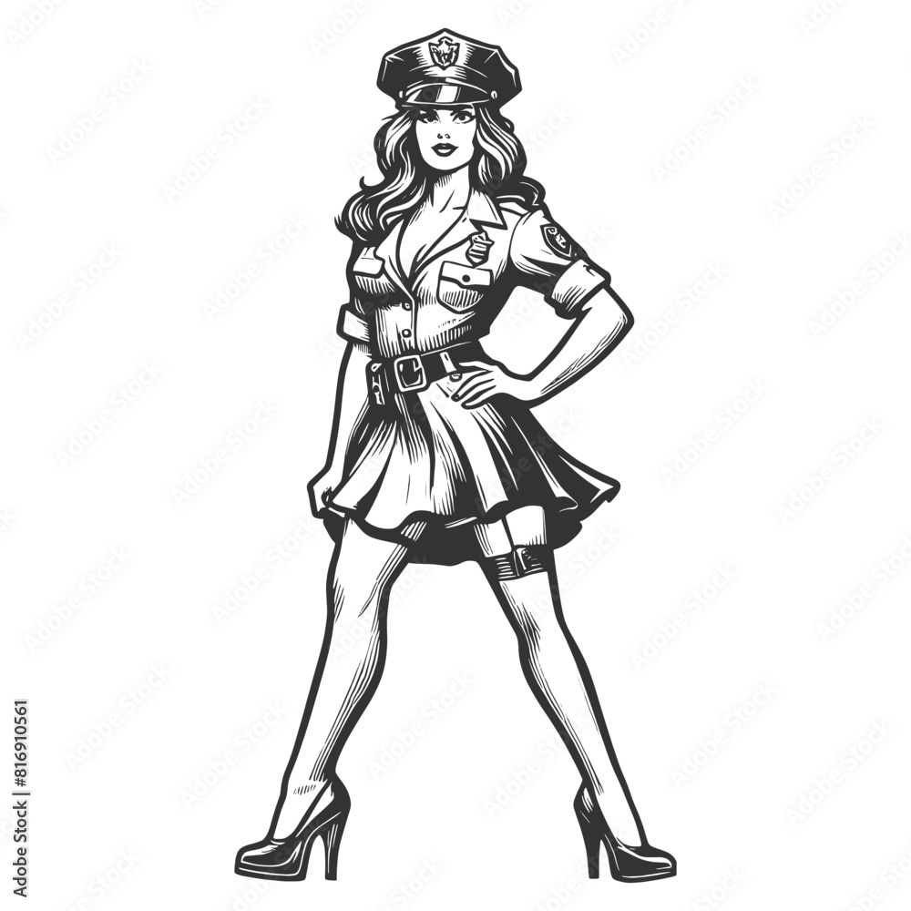 female police officer in a confident pose, blending authority with vintage fashion charm sketch engraving generative ai fictional character vector illustration. Scratch board. Black and white image.