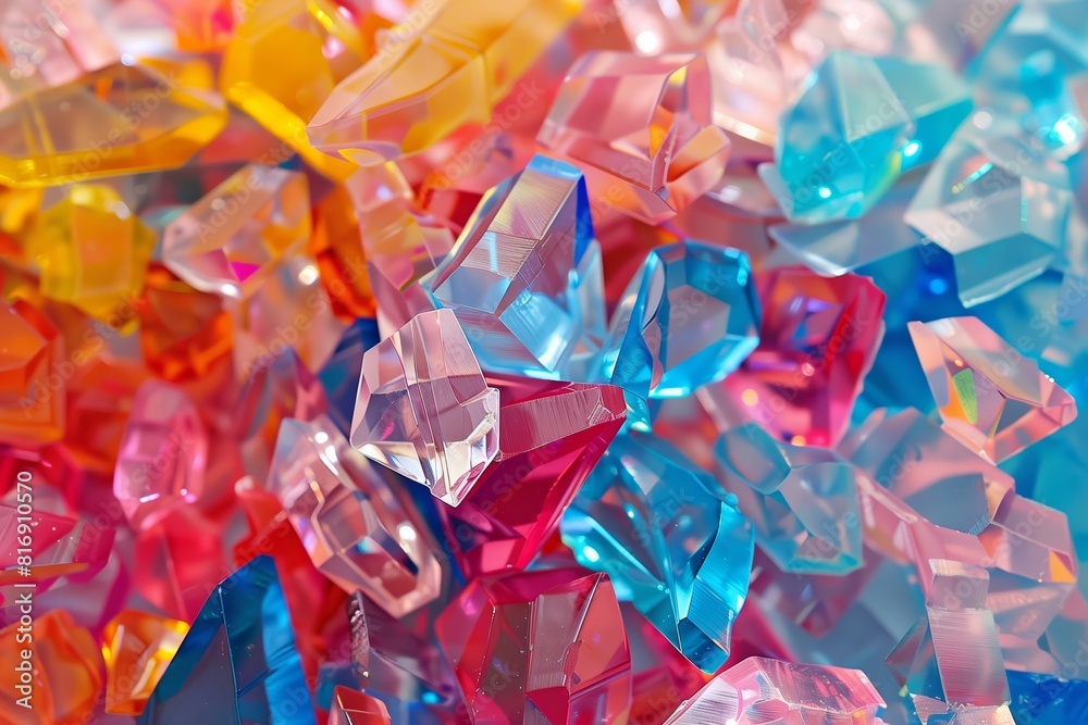 A close-up of numerous vibrant, gem-like crystal shapes in a dynamic, colorful arrangement A close-up of numerous vibrant, gem-like crystal shapes in a dynamic, colorful arrangement