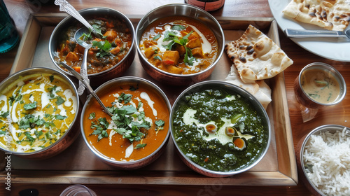 A tray of assorted Indian dishes including bowls of curry, saag, naan bread, rice, and chutney. The vibrant colors and garnishes make for an appetizing presentation.