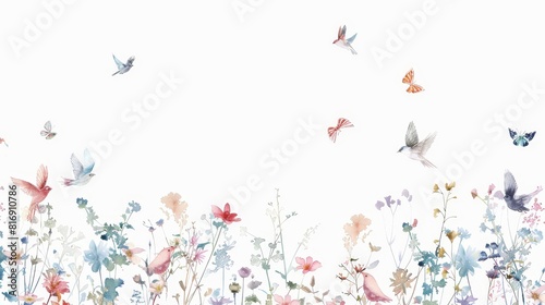 Sparse watercolor flowers and flying butterflies - A minimalistic watercolor design with sparse flowers and flying butterflies creating a sense of space and freedom