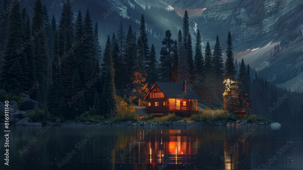 Obraz premium Cabin by a lake at twilight in a forest - A serene digital artwork depicting a cozy cabin by a lake surrounded by coniferous forest under a twilight sky