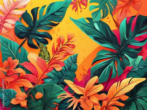 Summer concept design, abstract illustration with jungle exotic leaves, colorful design, summer  background