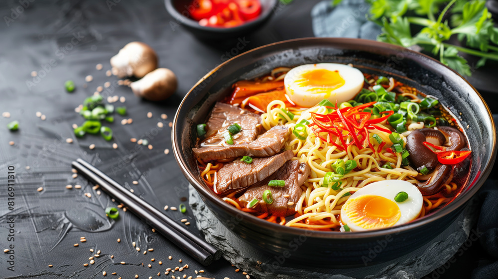 Flavorful bowl of ramen noodles topped with sliced beef, a soft-boiled egg, mushrooms, green onions, and red chili peppers, served on a dark textured background with chopsticks.