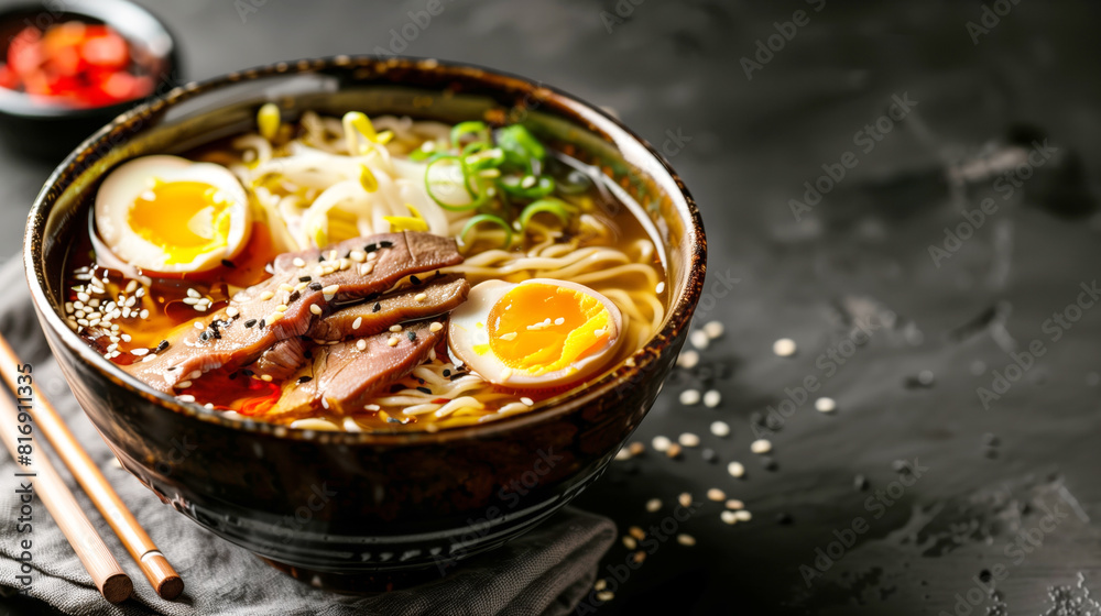 A close-up of a bowl of ramen noodles with sliced beef, soft-boiled egg, bean sprouts, green onions, and sesame seeds in a rich broth. Wooden chopsticks are placed beside the bowl. A close-up of a bowl of ramen noodles with sliced beef, soft-boiled egg, bean sprouts, green onions, and sesame seeds in a rich broth. Wooden chopsticks are placed beside the bowl.