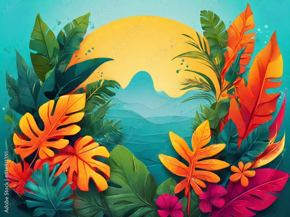 Fototapeta premium Summer concept design, abstract illustration with jungle exotic leaves, colorful design, summer background