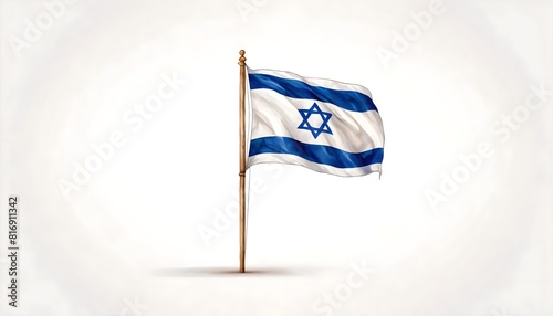 Israeli flag flying on a flagpole, isolated watercolor illustration on a white background. Waving flag of Israel.