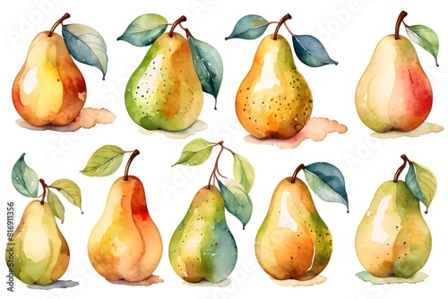 Set of fresh and ripe pear fruits with leaves, watercolor illustration isolated on a white background