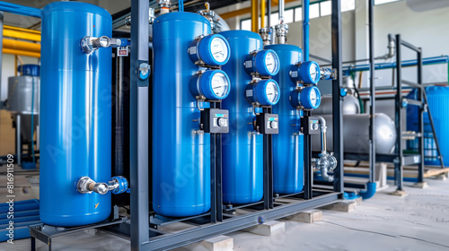 Image of an industrial setup featuring a series of large blue pressure tanks equipped with gauges and valves, used for managing and monitoring air or gas flow. photo