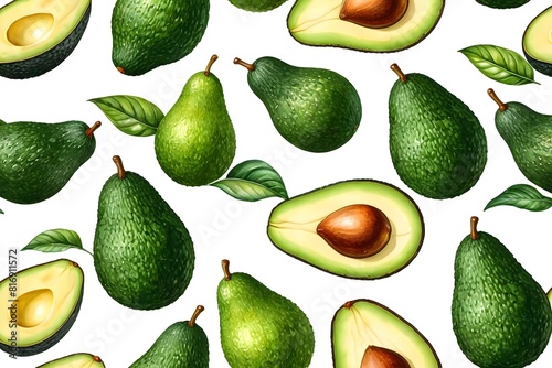 Seamless pattern of avocado, isolated illustration on a white background,