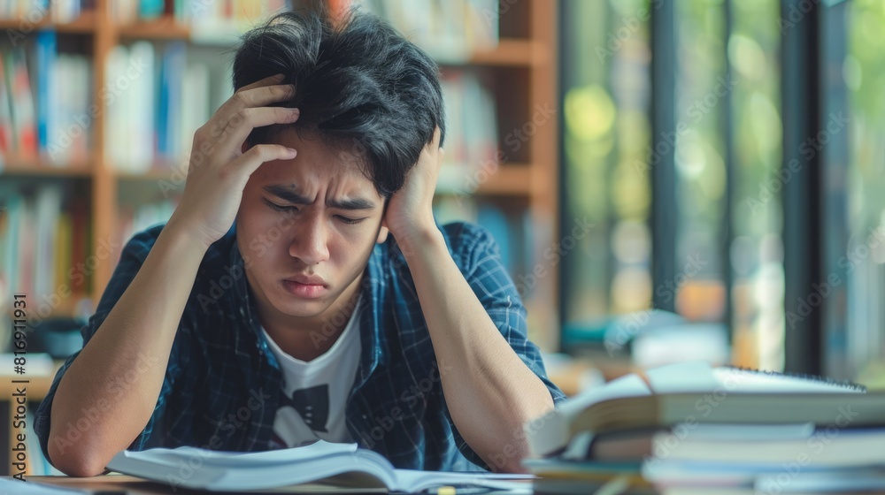 A man sitting at a desk with his head in his hands, appearing stressed or overwhelmed. A man sitting at a desk with his head in his hands, appearing stressed or overwhelmed.