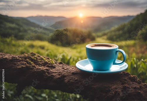 taza de café con paisaje de fondo photo