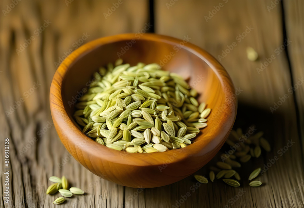 A close-up photo of fennel seeds in a wooden bowl on a dark wooden background A close-up photo of fennel seeds in a wooden bowl on a dark wooden background