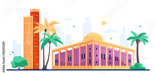 The Knesset architectural building - modern colored vector illustration with legislative body of the State of Israel, which is its parliament. Urban environment, palm trees and street panorama idea