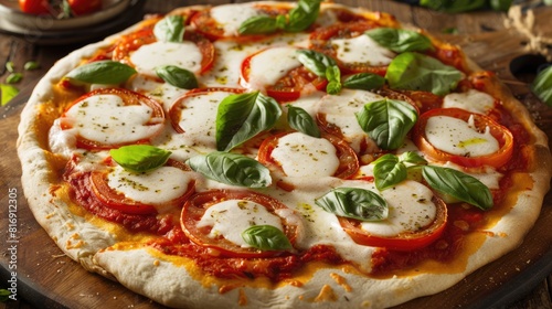 Pizza with fresh tomatoes, basil, and mozzarella cheese. AIG51A.