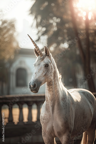 grey horse with a horn, white unicorn backlight scene