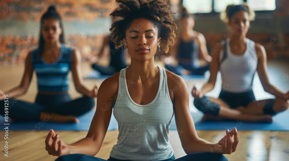 Women participate in a yoga class, focusing on meditation and relaxation techniques. Women participate in a yoga class, focusing on meditation and relaxation techniques.