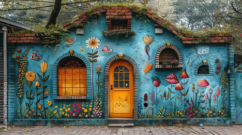 whimsical illustration painted on a brick wall, bringing a touch of fantasy and imagination to the urban landscape.stock image © Claudine