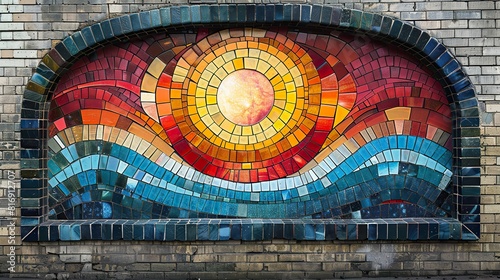mosaic artwork made from colorful tiles adorning a brick wall  adding a unique and eye-catching element to the street.illustration image