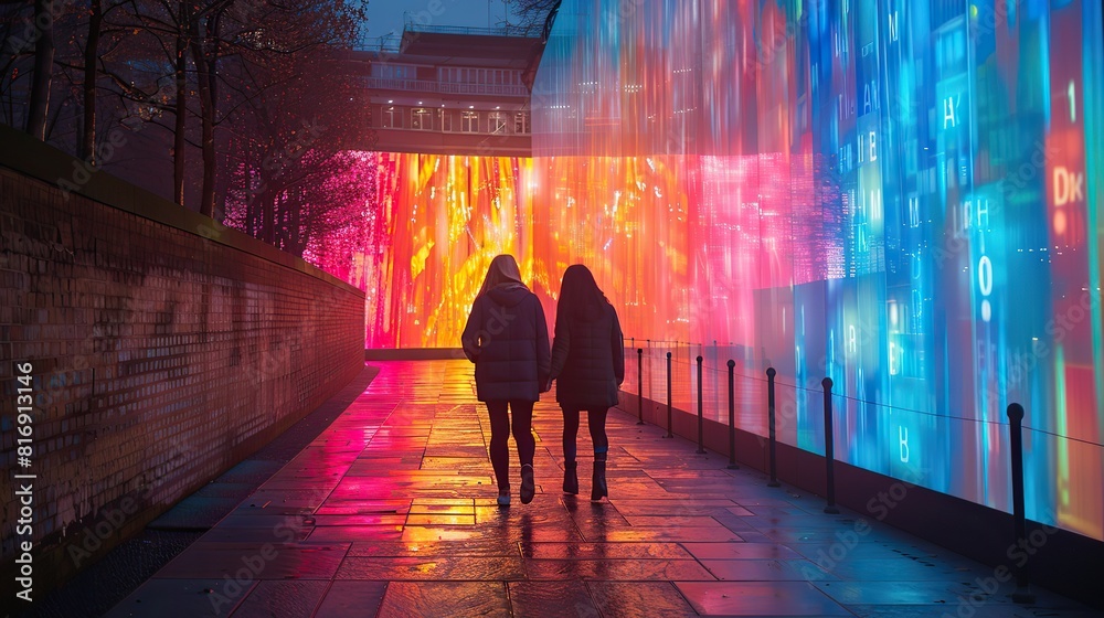 brick wall used as a projection surface for a vibrant video art installation, transforming the urban space into a dynamic display.stock image brick wall used as a projection surface for a vibrant video art installation, transforming the urban space into a dynamic display.stock image