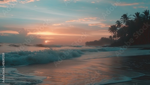 Sunset at the beach, golden hour lighting, soft waves gently rolling onto the shore, palm trees silhouetted