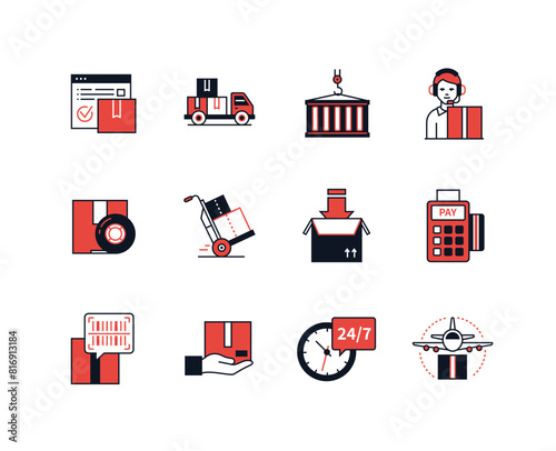 Logistics and delivery - line design style icons set with editable stroke. Transportation, warehouse to door, air and ground transportation, cargo, call center operator, barcode, 24-7 service