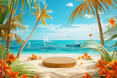 Beautiful tropical beach with having garden full of palm trees birds and beautiful flowers plants along with bight sun and clear sky background.