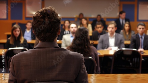 A man in a suit is seated in front of a group of people  engaged in a presentation or meeting.