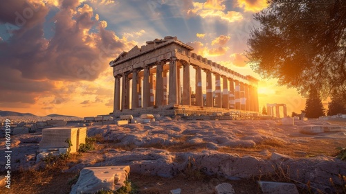 Golden sunset over athens acropolis with city skyline