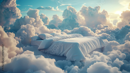 A surreal scene of a bed with white linens floating among fluffy clouds in a bright sky, evoking a sense of tranquility, comfort, and dreaminess.