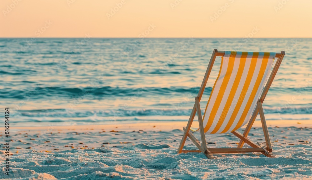 A yellow striped beach chair stands on the white sand beach for summer getaways