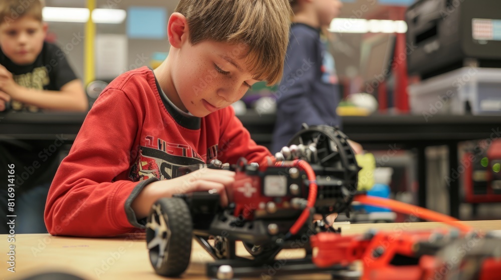 A young boy concentrating on building a toy car at his desk in a busy classroom setting. A young boy concentrating on building a toy car at his desk in a busy classroom setting.