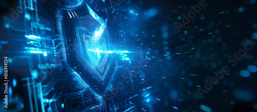 Digital futuristic cyber security shield guarding against threats on a blue abstract glowing background, 