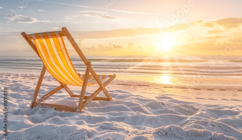 A yellow striped beach chair stands on the white sand beach for summer getaways