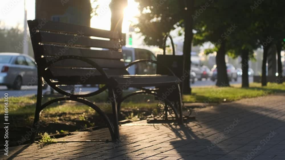 A serene city park scene at sunset, featuring a wooden bench illuminated by warm sunlight. The peaceful ambiance with passing cars and a gentle breeze swaying the trees in the background A serene city park scene at sunset, featuring a wooden bench illuminated by warm sunlight. The peaceful ambiance with passing cars and a gentle breeze swaying the trees in the background
