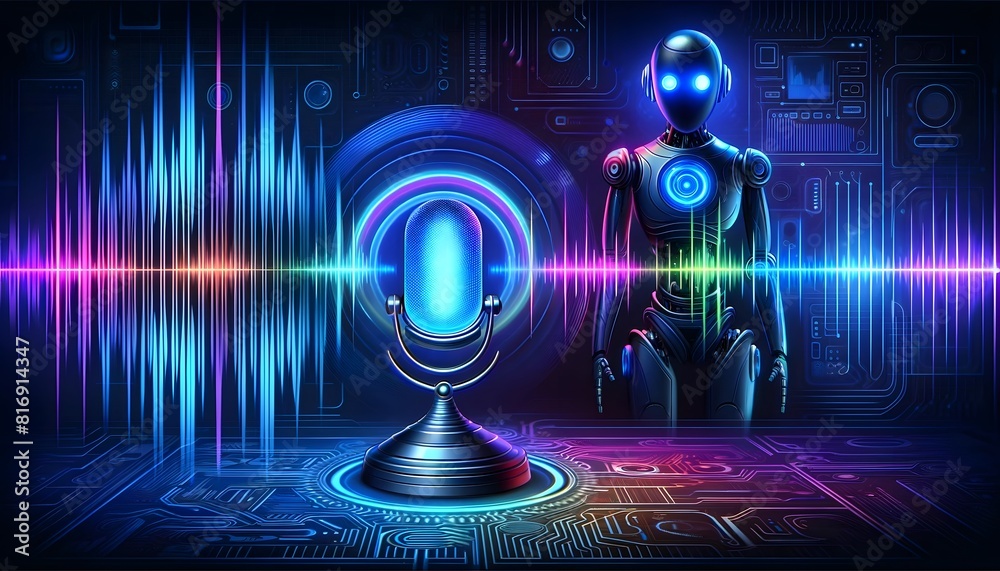 Futuristic depiction of a voice assistant with advanced AI technology, highlighted by radiant sound waves and robotic elements.