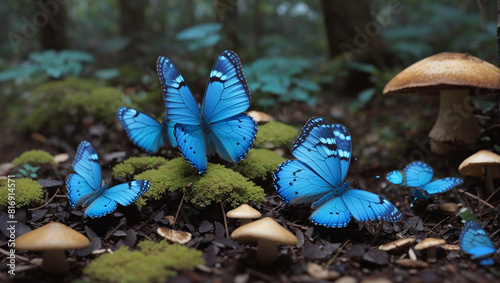 cluster of blue butterflies on the forest  photo