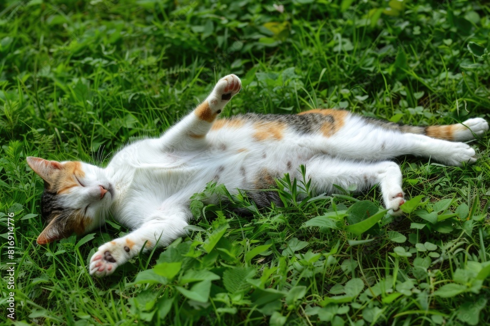Fototapeta premium Cute pretty cat enjoying with sunrays and relaxing on the grass