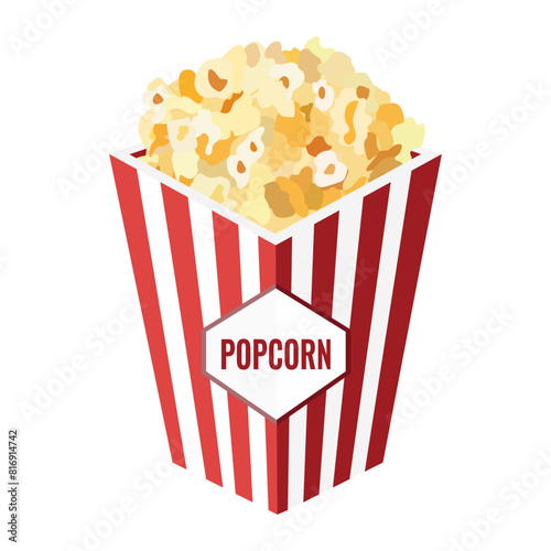 A flat popcorn box with a title. Popcorn is a staple snack for watching movies. Isolated on a white background. Vector image