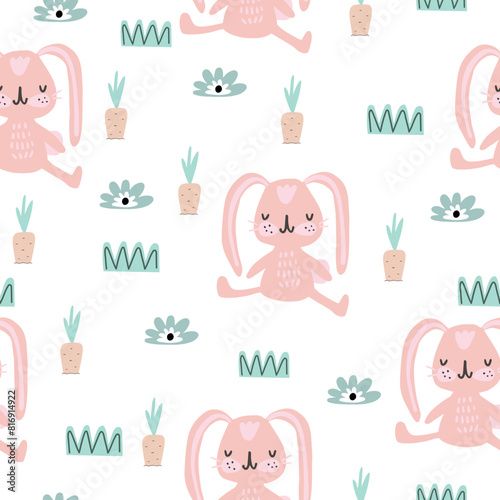 Cute seamless pattern with rabbit. Design for fabric. Cute summer background.