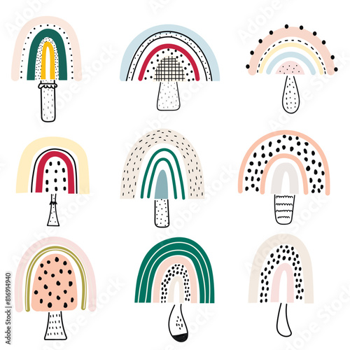 Bright rainbows-mushrooms. Cute illustration in hand drawn style for posters, prints, cards, fabric, children's books. Vector illustration.