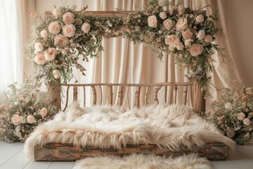 Digital composite background for newborn photo. Wooden mini bed with fur bedding