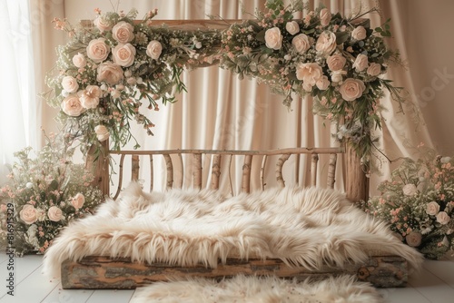 Digital composite background for newborn photo. Wooden mini bed with fur bedding